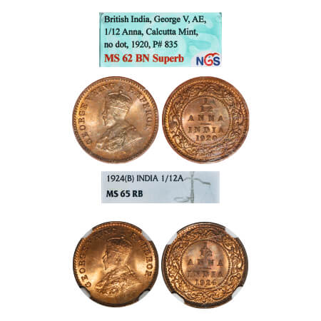 George V, Bronze, 1/12 Anna, (2 slabs), 1) 1920, Calcutta Mint, No dot, 2) 1924, Bombay Mi