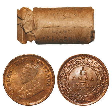 George V, Bronze, 1/12 Anna, 1920, (Roll of 24 coins), Calcutta Mint, No dot. F. Prid 835.