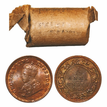George V, Bronze, 1/12 Anna, 1920, (Roll of 24 coins), Calcutta Mint, No dot. F. Prid 835.