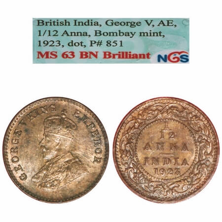 George V, Bronze, 1/12 Annas, 1923, Bombay Mint, Dot. F. Prid 851. GK 1233. NGS Slabbed MS