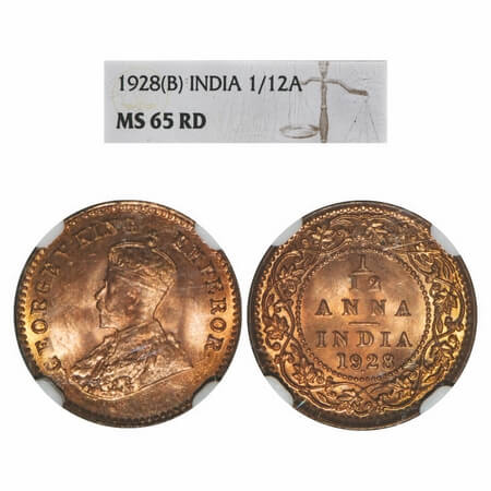 George V, Bronze, 1/12 Anna, 1928, Bombay Mint, Dot. F. Prid 856. GK 1243. NGC Slabbed MS 