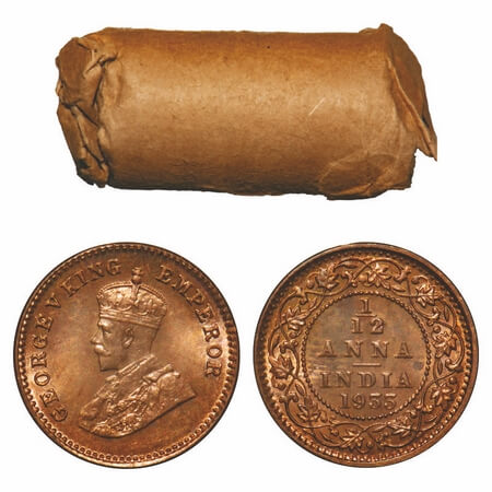 George V, Bronze, 1/12 Anna, 1933, (Roll of 24 coins), Calcutta Mint, No dot. F. Prid 847.