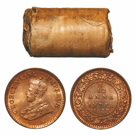 George V, Bronze, 1/12 Anna, 1933, (Roll of 24 coins), Calcutta Mint, No dot. F. Prid 847.