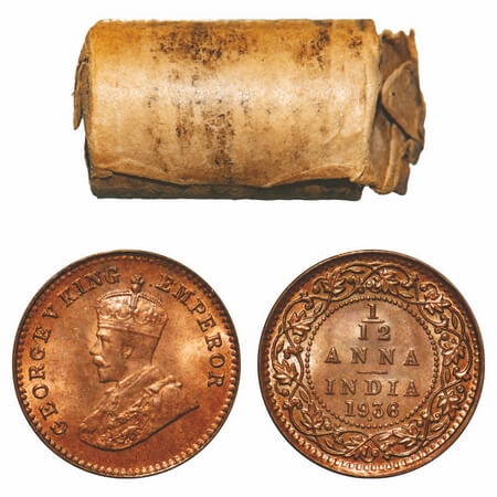 George V, Bronze, 1/12 Anna, 1936, (Roll of 24 coins), Bombay Mint, Dot. F. Prid 857. GK 1