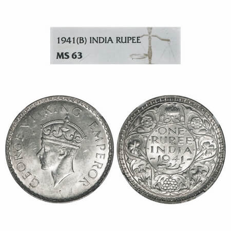 George VI, Half Silver, Rupee, 1941, Bombay Mint, A(a)/I, Dot, Security edge, Border teeth