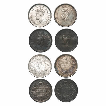 George VI, Half Silver, Rupee, (4 coins), 1) 1941, Bombay Mint, A(a)/I, Dot, security edge