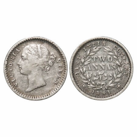 Victoria Queen, Silver, 2 Annas, 1841, DL, Madras Mint, 'S' incused, W.W. Raised, Wreath w