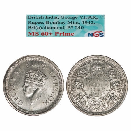 George VI, Half Silver, Rupee, 1942, Bombay Mint, B/II, Diamond, Security edge. F. Prid 24