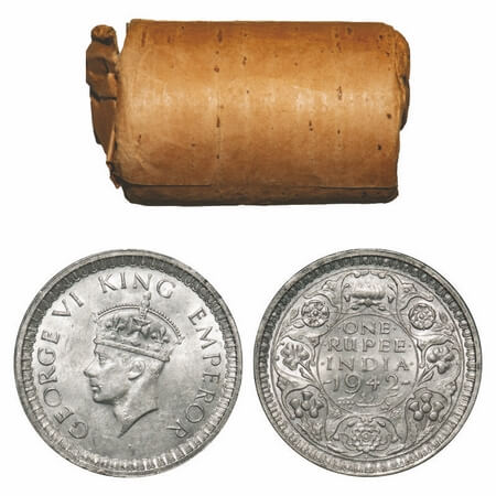 George VI, Half Silver, Rupee, 1942, (Roll of 20 coins), Bombay Mint, D/II, Diamond, Secur