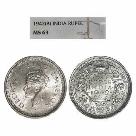 George VI, Half Silver, Rupee, 1942, Bombay Mint, B(a)/II, Diamond, Security edge. F. Prid