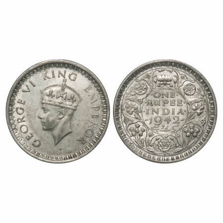 George VI, Half Silver, Rupee, 1942, Bombay Mint, B(a)/II, Square mint mark instead of Dia