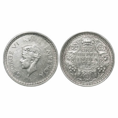George VI, Half Silver, Rupee, 1943, 30.50mm, Bombay Mint, Error, Misstruck, Die filled on