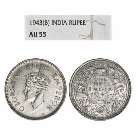 George VI, Half Silver, Rupee, 1943, Bombay Mint, A(b)/II, Small 3, Diamond mint mark, Sec