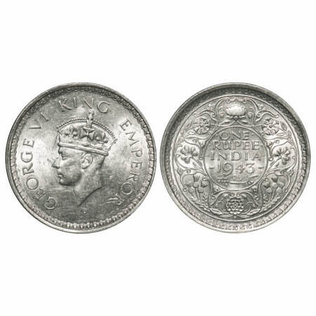 George VI, Half Silver, Rupee, 1943, Bombay Mint, C/III, Diamond mint mark, Security edge,