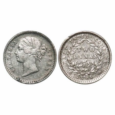 Victoria Queen, Silver, 2 Annas, 1841, DL, Madras Mint, W.W. raised, 'S' incused, Wreath w