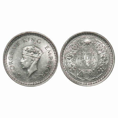 George VI, Half Silver, Rupee, 1943, Bombay Mint, C/III, Diamond mint mark, Security edge,