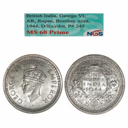 George VI, Half Silver, Rupee, 1944, Bombay Mint, D/II, Dot, Security edge. F. Prid 245. G