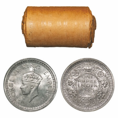 George VI, Half Silver, Rupee, 1945, (Roll of 20 coins), Bombay Mint, D/II, Dot, Security 