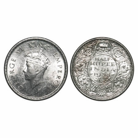 George VI, Silver, Half Rupee, 1938, Bombay Mint, A/I, Dot, Head Type I, Milled edge. F. P