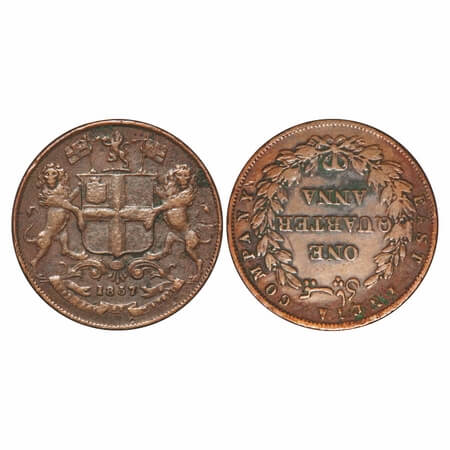 Victoria Queen, Copper, Quarter Anna, 1857, R. Heaton & Sons. Birmingham Mint, Two leaves,