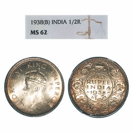 George VI, Silver, Half Rupee, 1938, Bombay Mint, A/I, Dot, Head Type I, Milled edge. F. P