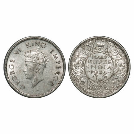 George VI, Silver, Half Rupee, 1938, Bombay Mint, A/I, Dot, Head Type I, Milled edge. F. P