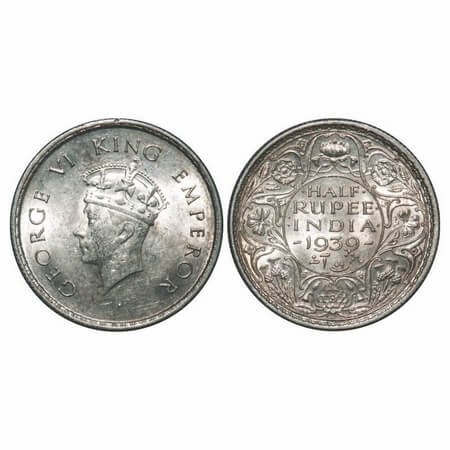 George VI, Silver, Half Rupee, 1939, Bombay Mint, A/I, Dot, Head Type I, Milled edge. F. P
