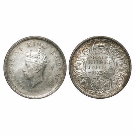 George VI, Silver, Half Rupee, 1939, Calcutta Mint, A/I, No dot, Head Type I, Milled edge.