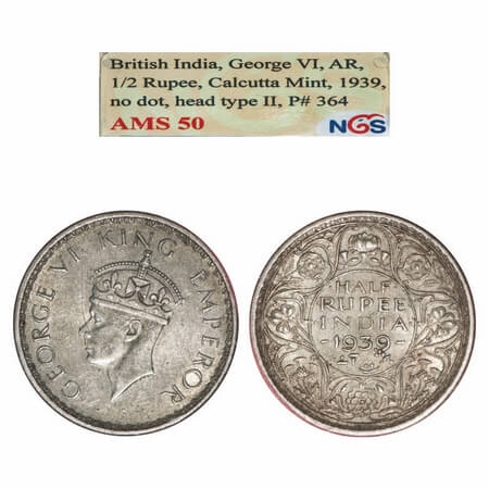 George VI, Silver, Half Rupee, 1939, Calcutta Mint, A(a)/I, No dot, Head Type II, Milled e