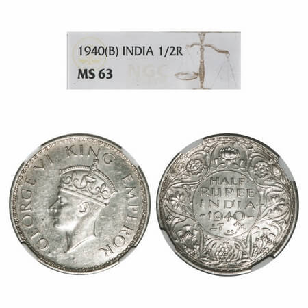 George VI, Half Silver, Half Rupee, 1940, Bombay Mint, A(a)/I, Dot, Head Type II, Milled e