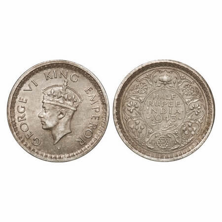 George VI, Half Silver, Half Rupee, 1943, Bombay Mint, B/III, Diamond mint mark, Security 