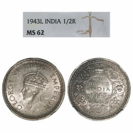 George VI, Half Silver, Half Rupee, 1943, Lahore Mint, B/II, 'L' raised, Head Type II, Sec