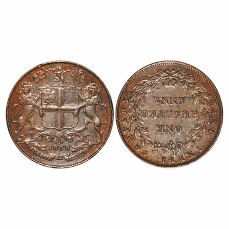 Victoria Queen, Copper, Quarter Anna, 1858, R. Heaton & Sons. Birmingham Mint, Two leaves,