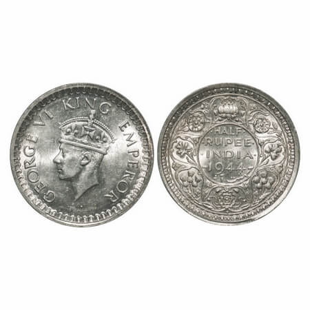 George VI, Half Silver, Half Rupee, 1944, Bombay Mint, B/II, Dot, Head Type II, Security e