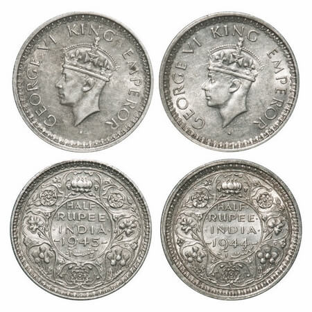 George VI, Half Silver, Half Rupee, (2 coins), 1944, 1945, Lahore Mint, B/II, 'L' raised, 