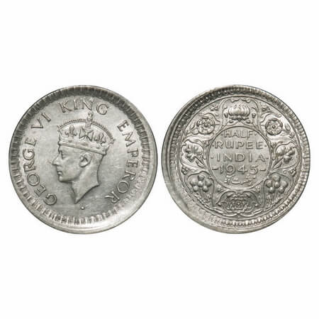 George VI, Half Silver, Half Rupee, 1945, 24.66mm normally the diameter is between 24mm to