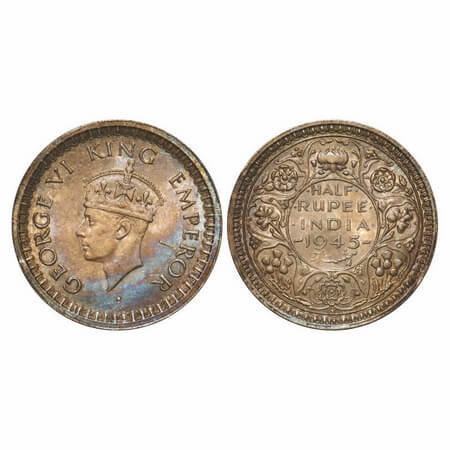 George VI, Half Silver, Half Rupee, 1945, Bombay Mint, B/II, Dot, Head Type II, Security e