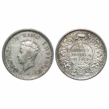 George VI, Half Silver, 1/4 Rupee, 1940, Bombay Mint, Head Type I, Rev I, Dot, Milled edge