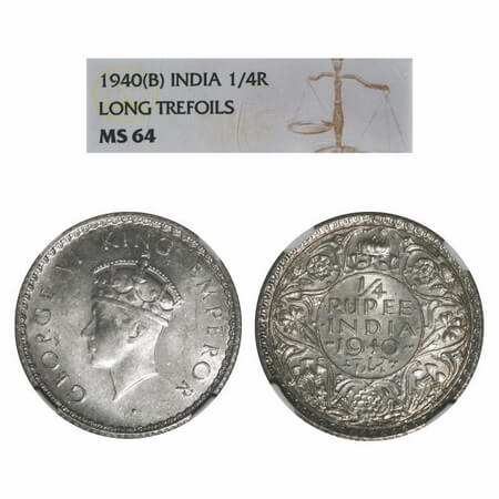 George VI, Half Silver, 1/4 Rupee, 1940, Bombay Mint, Dot, Head Type I, Rev I, Milled edge