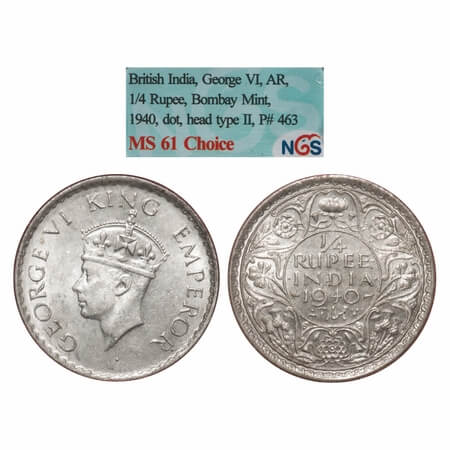 George VI, Half Silver, 1/4 Rupee, 1940, Bombay Mint, Dot, Rev I, Head Type II, Milled edg