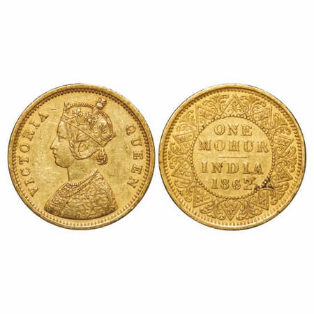 Victoria Queen, Gold Mohur, 1862, Calcutta Mint, Single flower in bottom panel of jabot. F