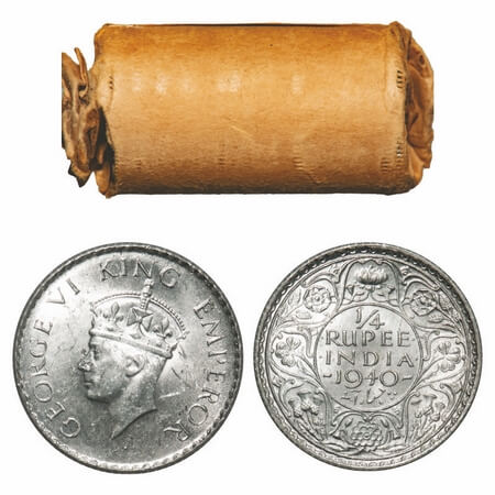 George VI, Half Silver, 1/4 Rupee, 1940, (Roll of 24 coins), Calcutta Mint, No dot, Head T