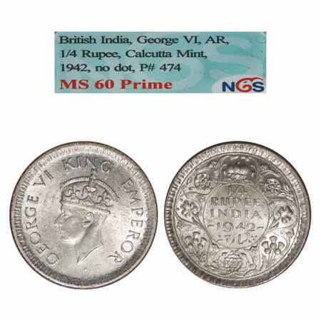 George VI, Half Silver, 1/4 Rupee, 1942, Calcutta Mint, No dot, Rev II, Head Type II, Mill