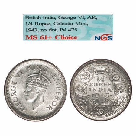 George VI, Half Silver, 1/4 Rupee, 1943, Calcutta Mint, No dot, Rev II, Head Type II, Mill