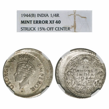 George VI, Half Silver, 1/4 Rupee, 1944, Bombay Mint, Head Type II, Rev III, Diamond, Secu