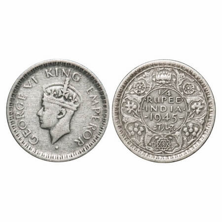 George VI, Half Silver, 1/4 Rupee, 1945, Lahore Mint, Head Type II, Rev II, 'L' raised, Se
