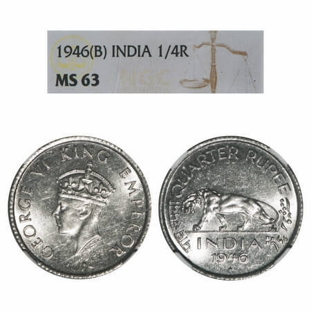 George VI, Nickel, 1/4 Rupee, 1946, Bombay Mint, Head Type II, Rev IV, Diamond, Milled edg