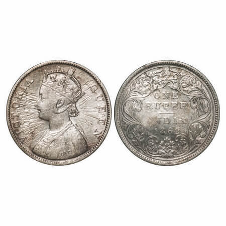 Victoria Queen, Silver, Rupee, 1862, Madras Mint, B/II, Inclined 1, Error, Sun Burst on Ob