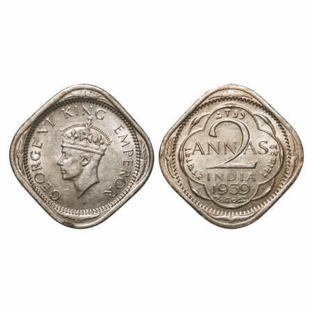 George VI, Copper-Nickel, 2 Annas, 1939, Bombay Mint, Dots by year, Head Type II. F. Prid 
