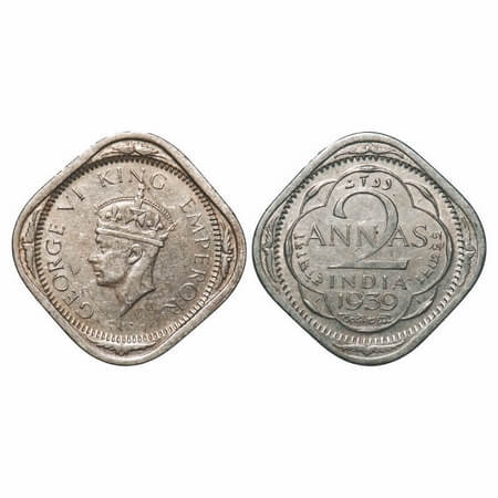 George VI, Copper-Nickel, 2 Annas, 1939, Calcutta Mint, No dots by year, Head Type II. F.